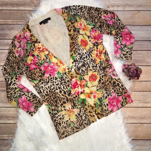 ECI Sweaters - E by ECI beaded animal print floral cardigan.Small